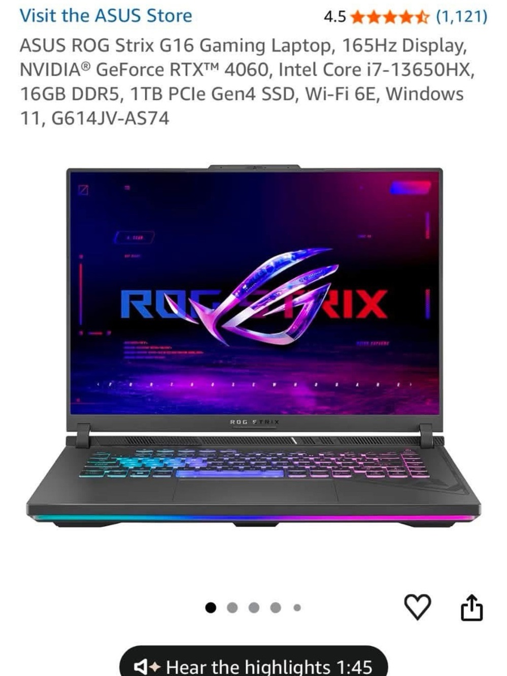 ASUS ROG Strix G16 Black Laptop with Multicolor RGB Lighting